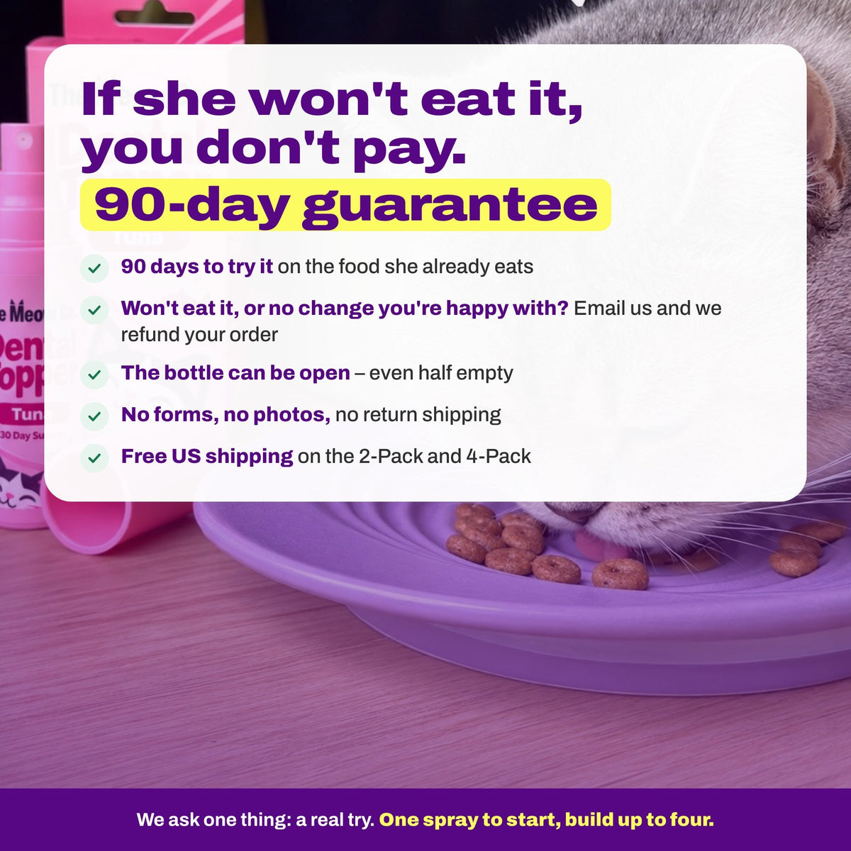 If she won't eat it, you don't pay: 90-day open-bottle guarantee