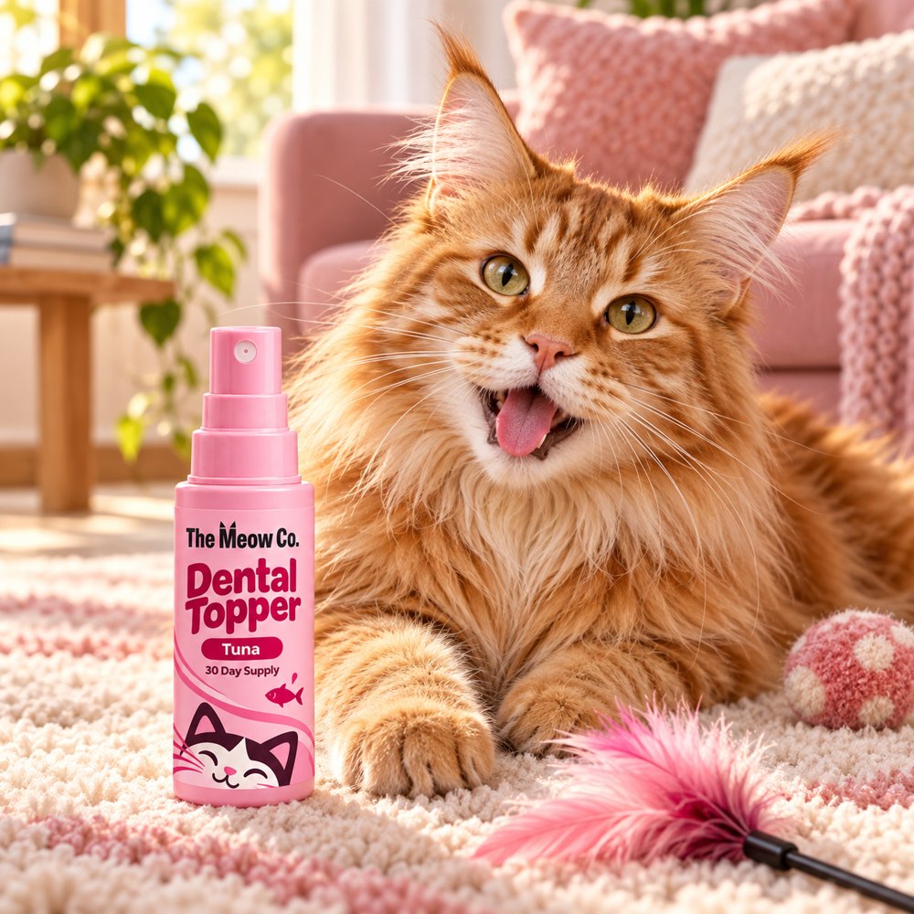 A ginger Maine Coon beside The Meow Co. Dental Topper