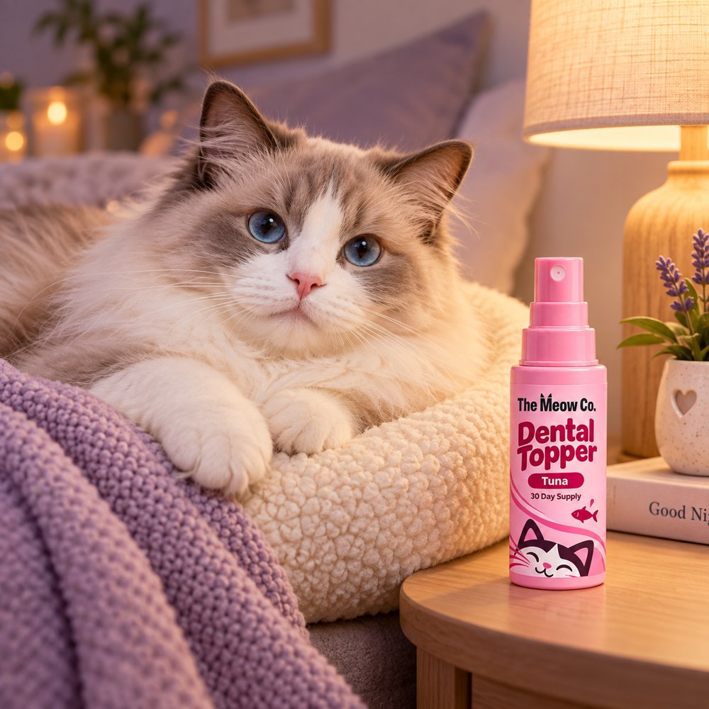 A ragdoll cat resting on a bed beside The Meow Co. Dental Topper