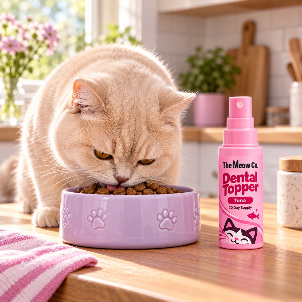A cream British shorthair eating kibble next to The Meow Co. Dental Topper