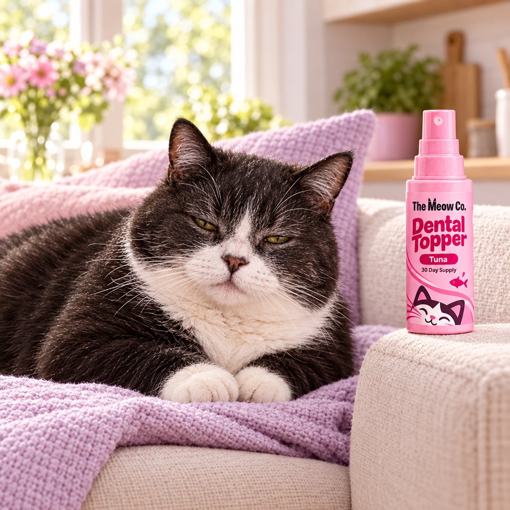 An older tuxedo cat resting on a lilac blanket beside The Meow Co. Dental Topper