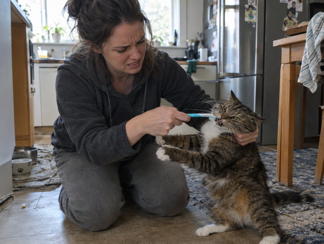 A woman trying to brush her cat's teeth while the cat pushes her hand away