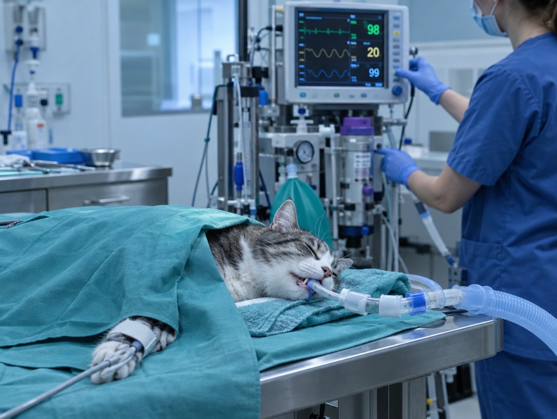 A cat under anesthesia on a veterinary table for a dental procedure