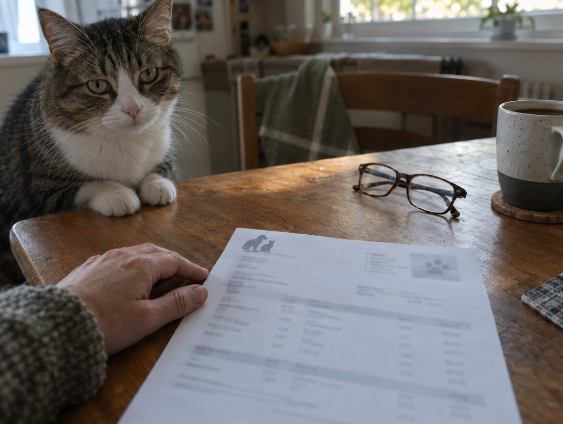 A veterinary invoice on a kitchen table with a cat sitting beside it