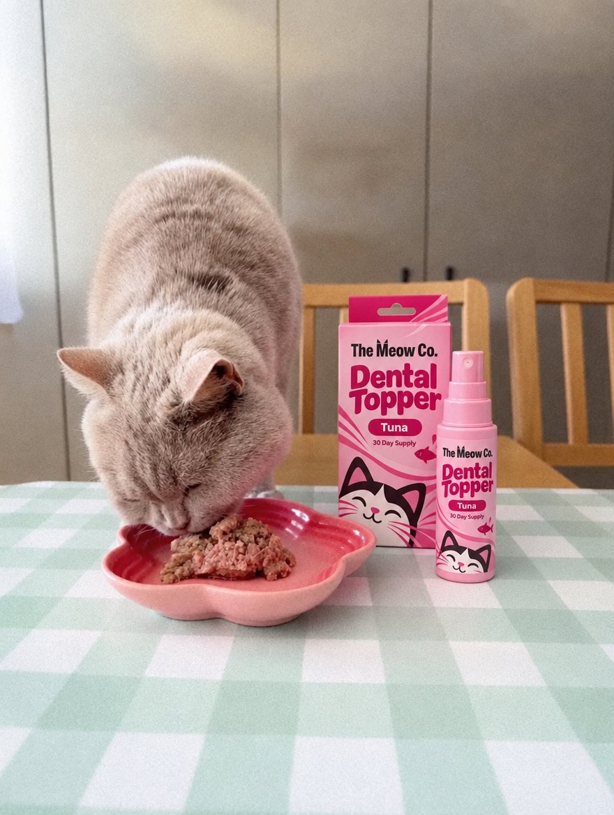 A cat eating wet food sprayed with The Meow Co. Dental Topper (Tuna)