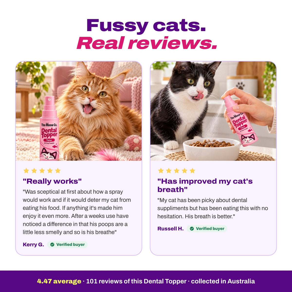 Fussy cats, real reviews: Kerry G. and Russell H., verified buyers