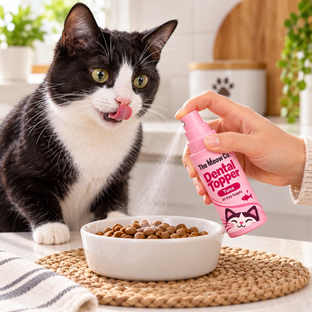 A tuxedo cat watching The Meow Co. Dental Topper being sprayed on kibble