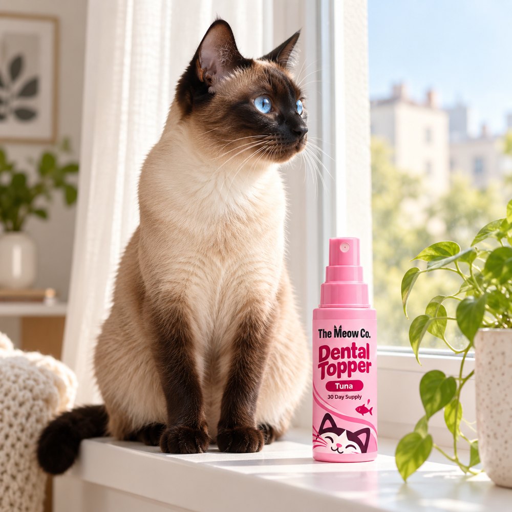 A Siamese cat on a windowsill beside The Meow Co. Dental Topper