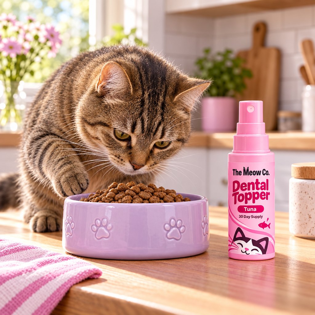 A tabby cat sniffing a bowl of kibble next to The Meow Co. Dental Topper