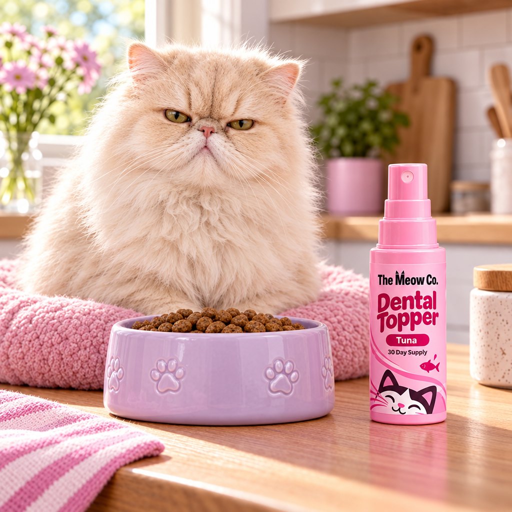 A fluffy Persian cat beside a bowl and The Meow Co. Dental Topper