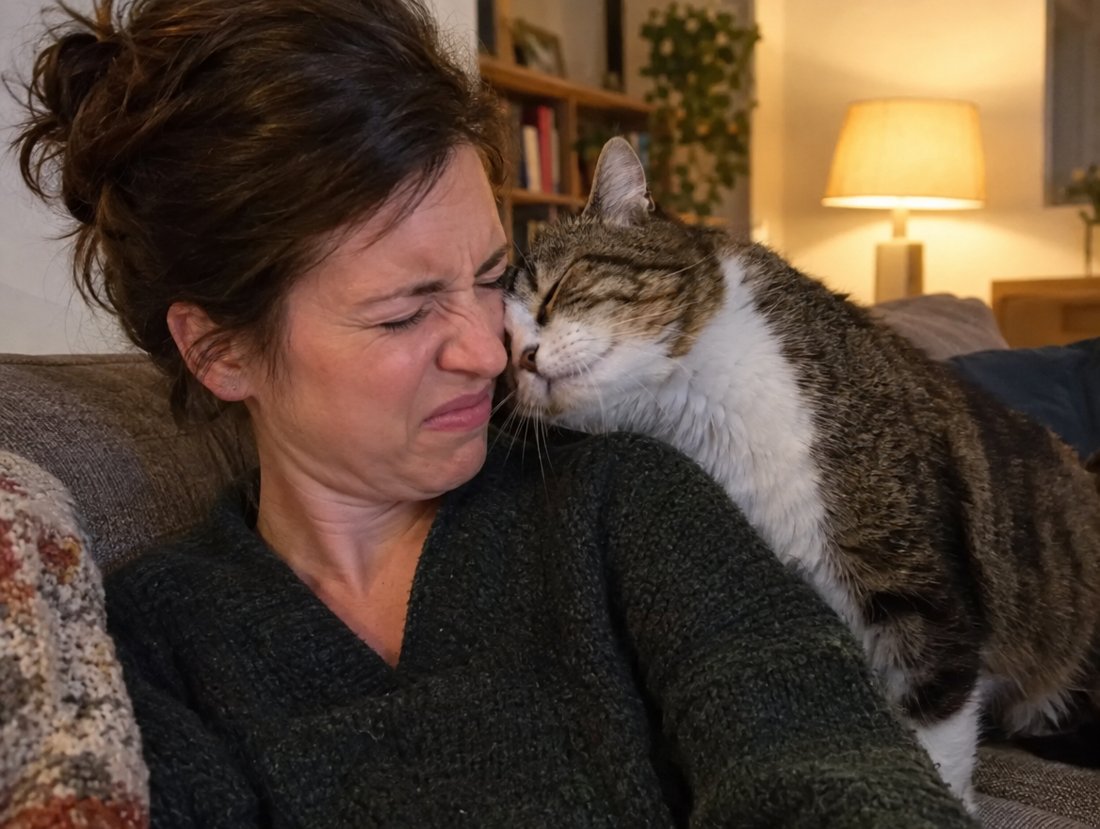 A woman turning her face away as her cat leans in close